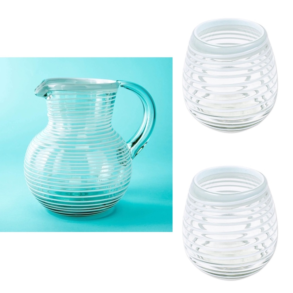 Handblown Recycled Glass Pitcher & 2 Glasses in White Stripe